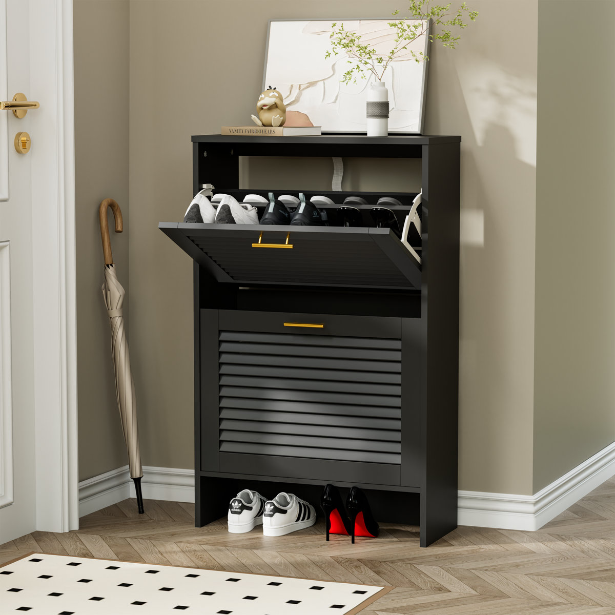 47 Inch Walnut Shoe Cabinet With Drawers & Adjustable Shelves – Japandi Brutalist Entryway Organizer For 20-24 Pairs